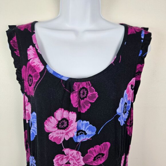 Elle Women's Sleeveless Floral Print Dress Size Large Black/Pink/Blue Casual - Picture 3 of 10